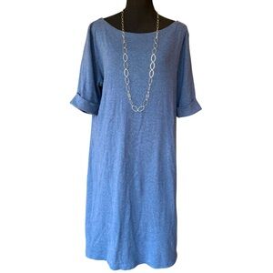 Karen Scott Blue Cotton Jersey Boatneck Midi Shift Dress Cuffed Half Slv, Large
